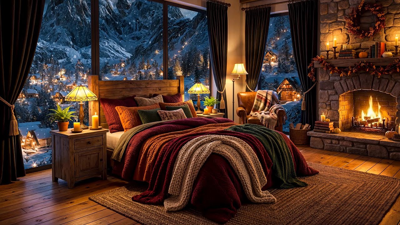 Cozy Winter Cabin by the Fire: Peaceful Snowfall and Crackling Fire for Ultimate Calm