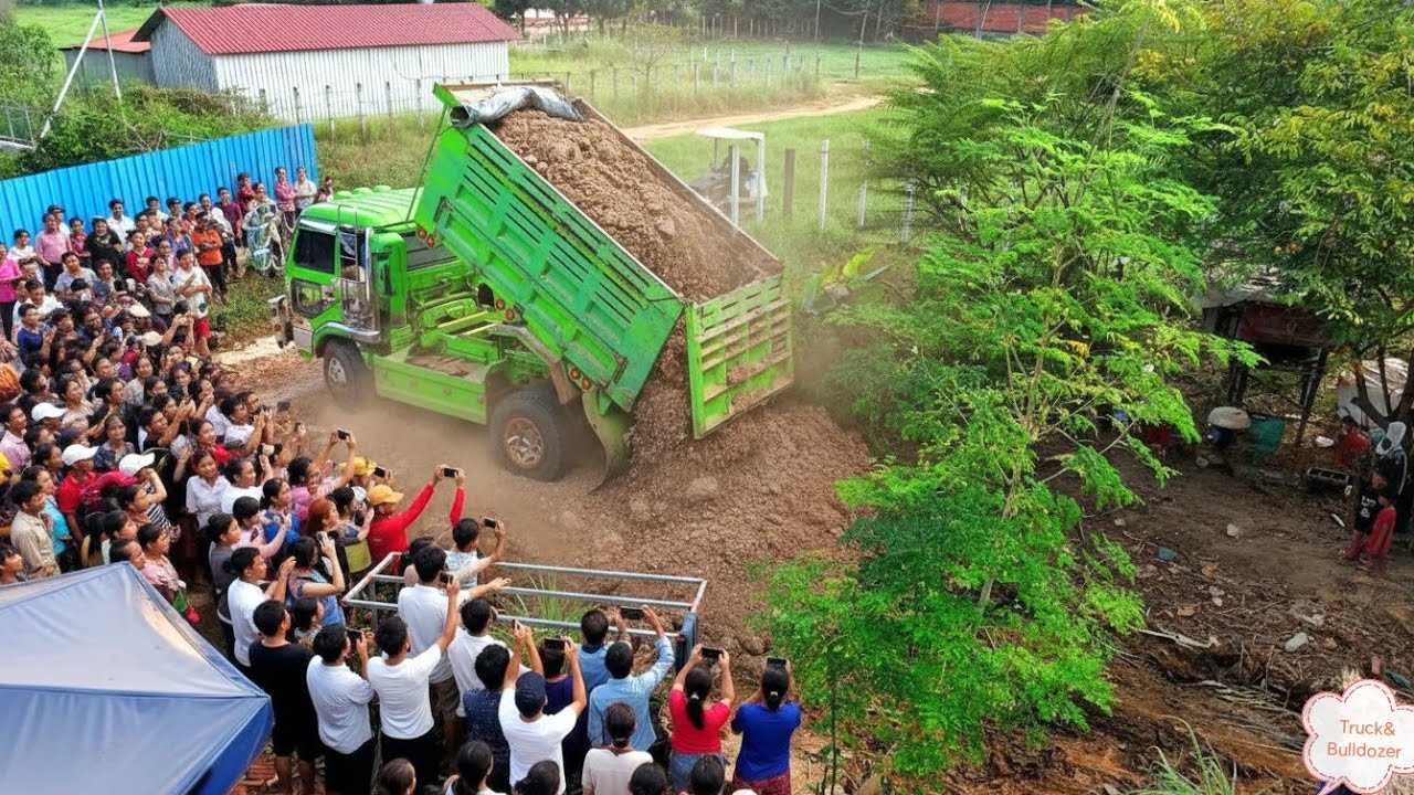 Compete Soil In Old Land To Build New House By Dump Truck 5-T Unloading Soil & Bulldozer Pushes Soil