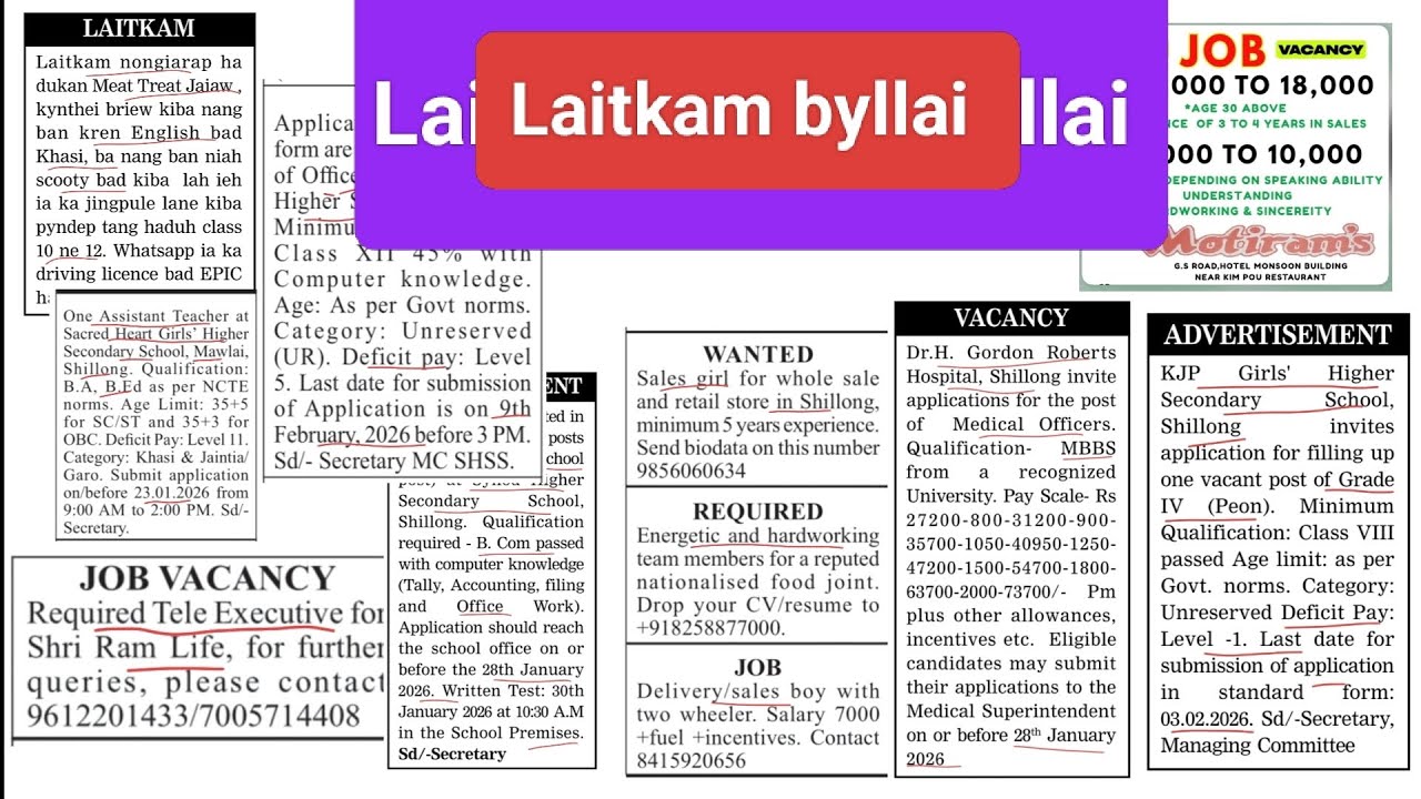 Laitkam byllai - Job vacancies: office assistant, peon, Tele executive, meat treat,..