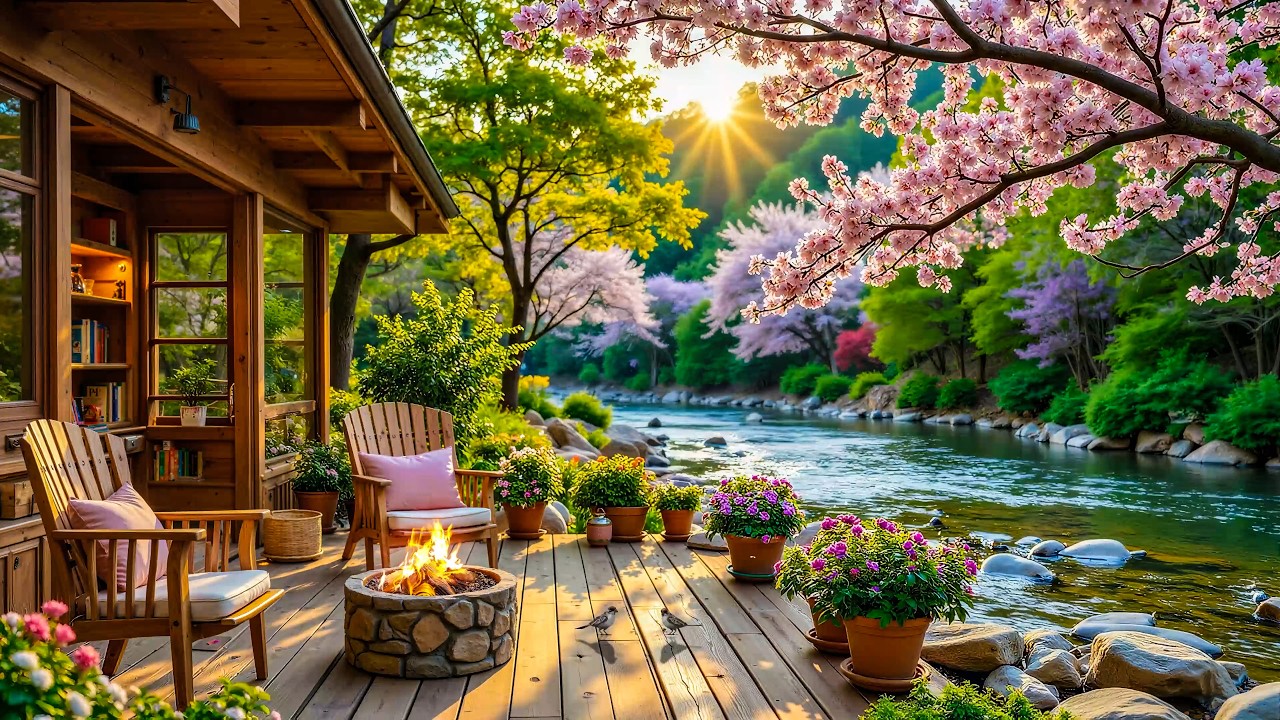 Peaceful Spring Morning at Cozy Riverside Porch Ambience ☀️🌸 Relaxing Piano Music for Work & Focus✨