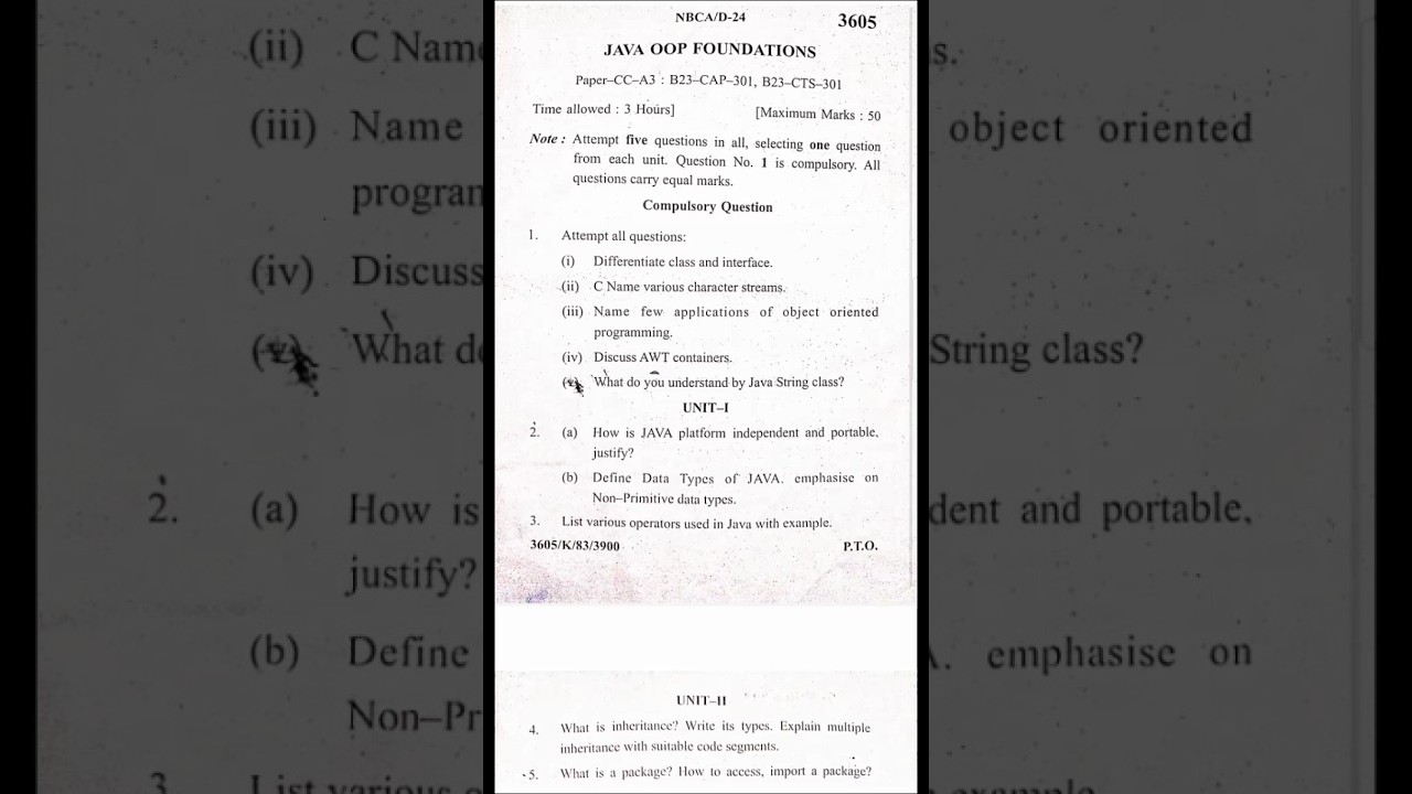 Java oop foundations BCA 3 Sem 🔥 2024 kuk University previous year question paper