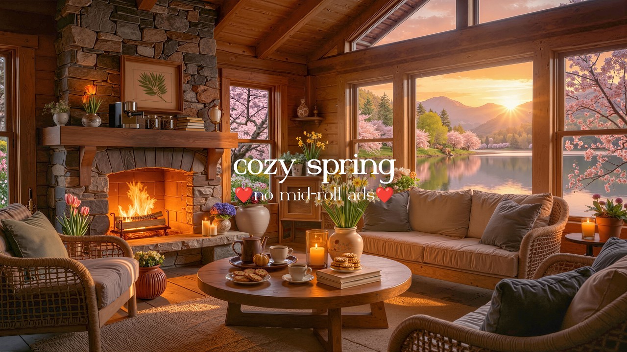 (NO MID-ROLL ADS) Spring Jazz 🌸 Relaxing Jazz Ambience & Crackling Fireplace for Focus & Study