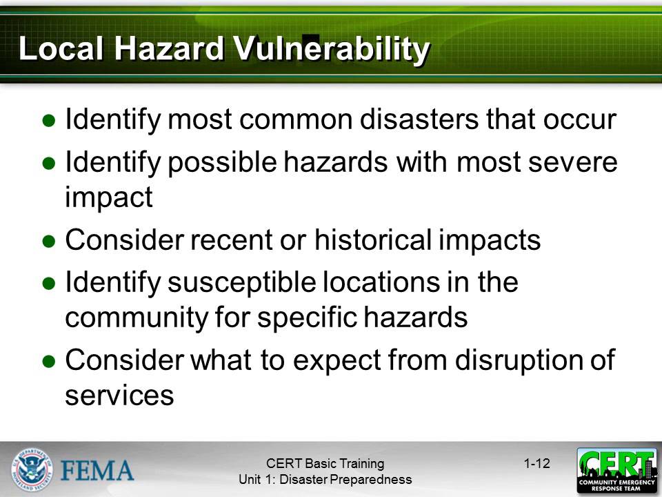 Disaster Preparedness - CERT Basic Training (Unit 1)