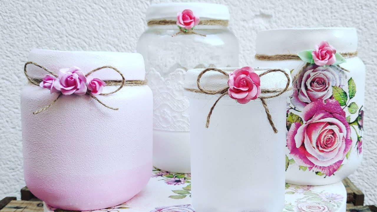 4 Frascos decorados románticos / 4 romantic decorated glass jars (eng sub)