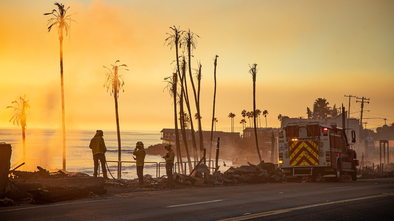 Driving through Palisades burn area,  towing a sheriff's unit PCH, Las Flores, Tuna, and Topanga cyn
