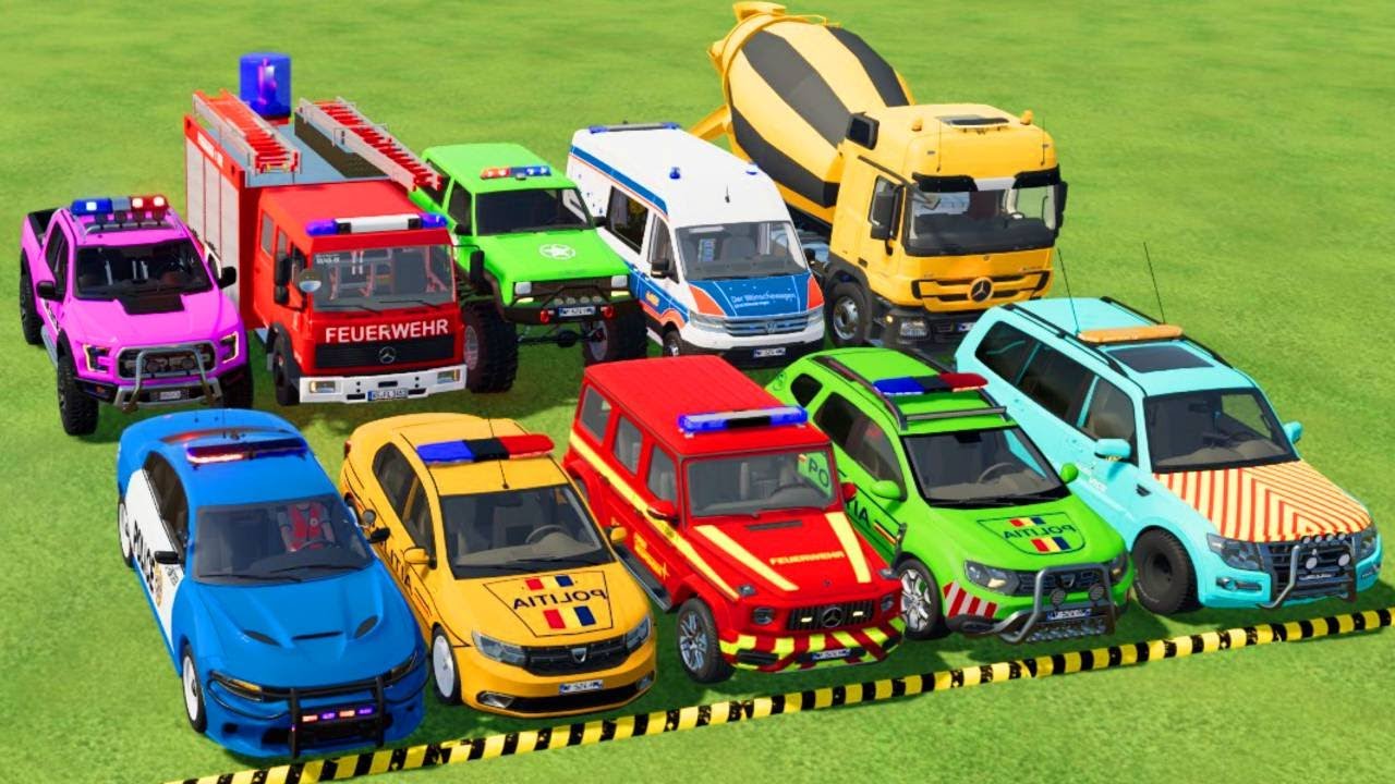 TRANSPORTING POLICE CARS, AMBULANCE, FIRE TRUCK, COLORFUL CARS WITH TRUCK -FARMING SIMULATOR 22!