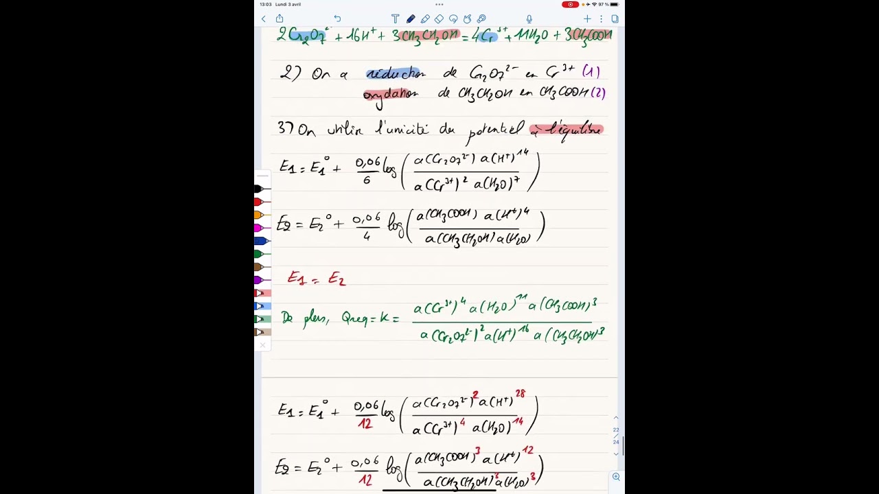 Correction exercice oxydoréduction : étude d’un alcootest