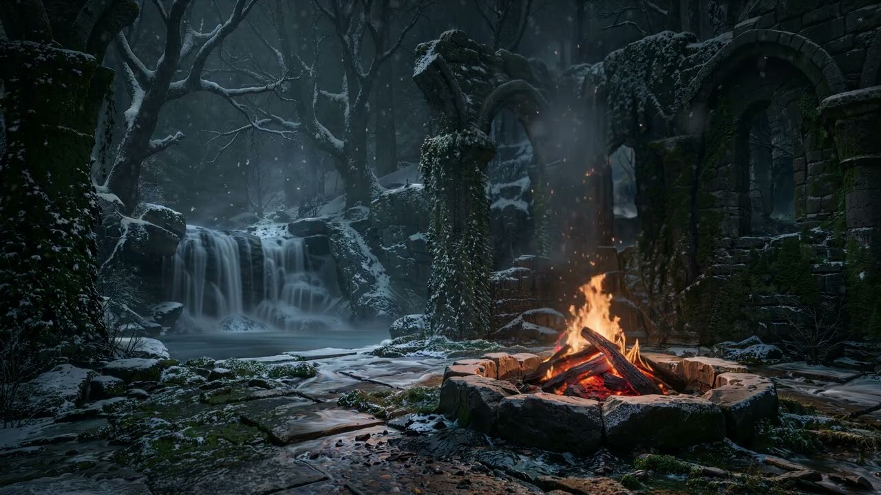 Dark Academia Piano 🔥 Winter Ruins Bonfire & Waterfall | Deep Sleep, Focus, Study