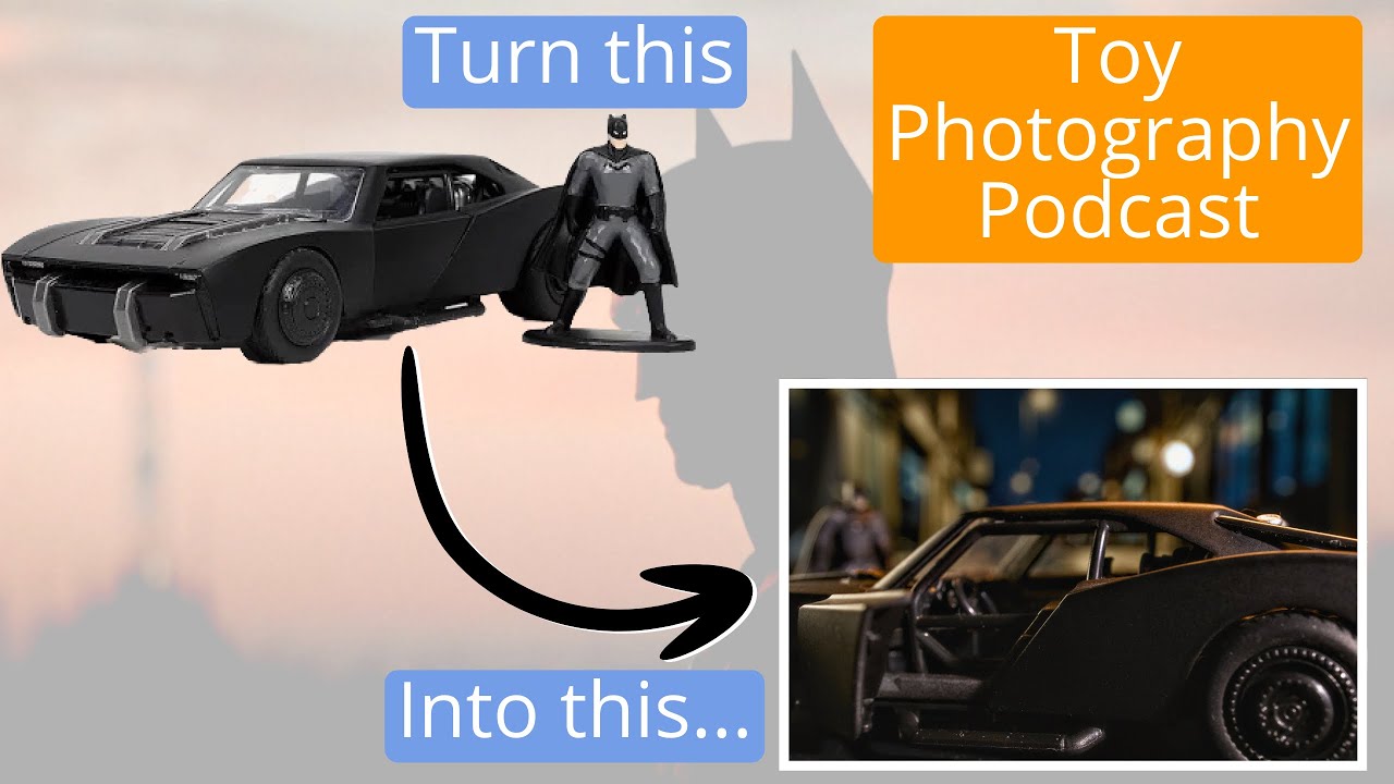 Batman toy car with smartphone and macro lens - Toy Photography Podcast