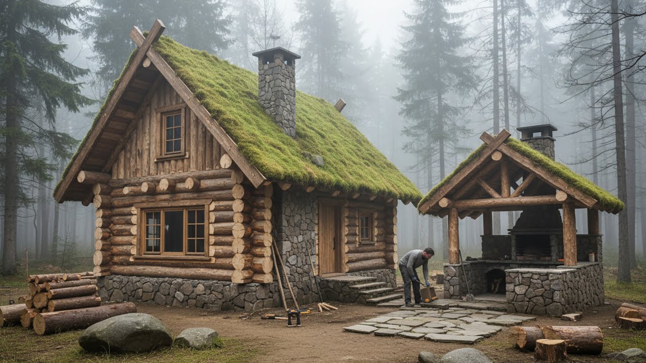 Building a Wooden Log House in the Woods | Full Process