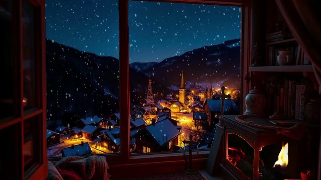 A Town's Glow - No Sound - Winter Cabin Fireplace