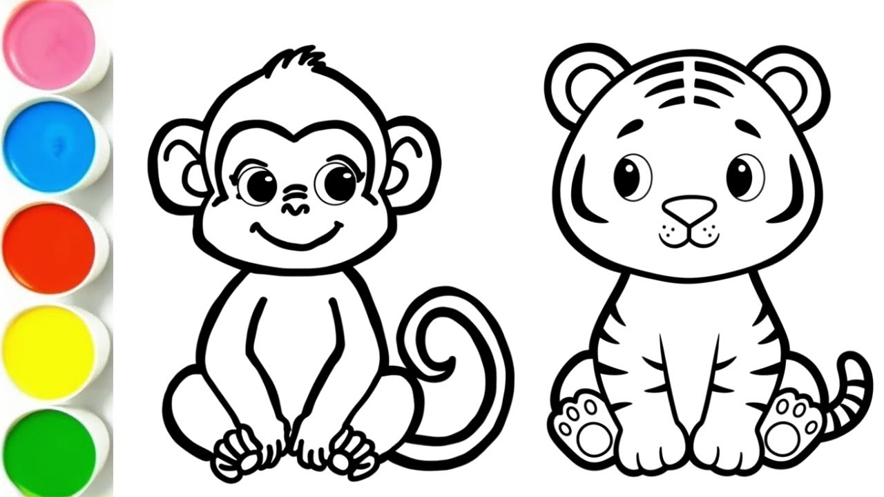 Learn Wild Animals for Toddlers | Monkey and Tiger Drawing and Coloring