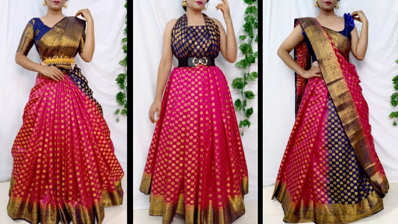 Saree dress/Bridal lehanga style/south style lehnga Draping/Silk saree wearing/Look tall n slim