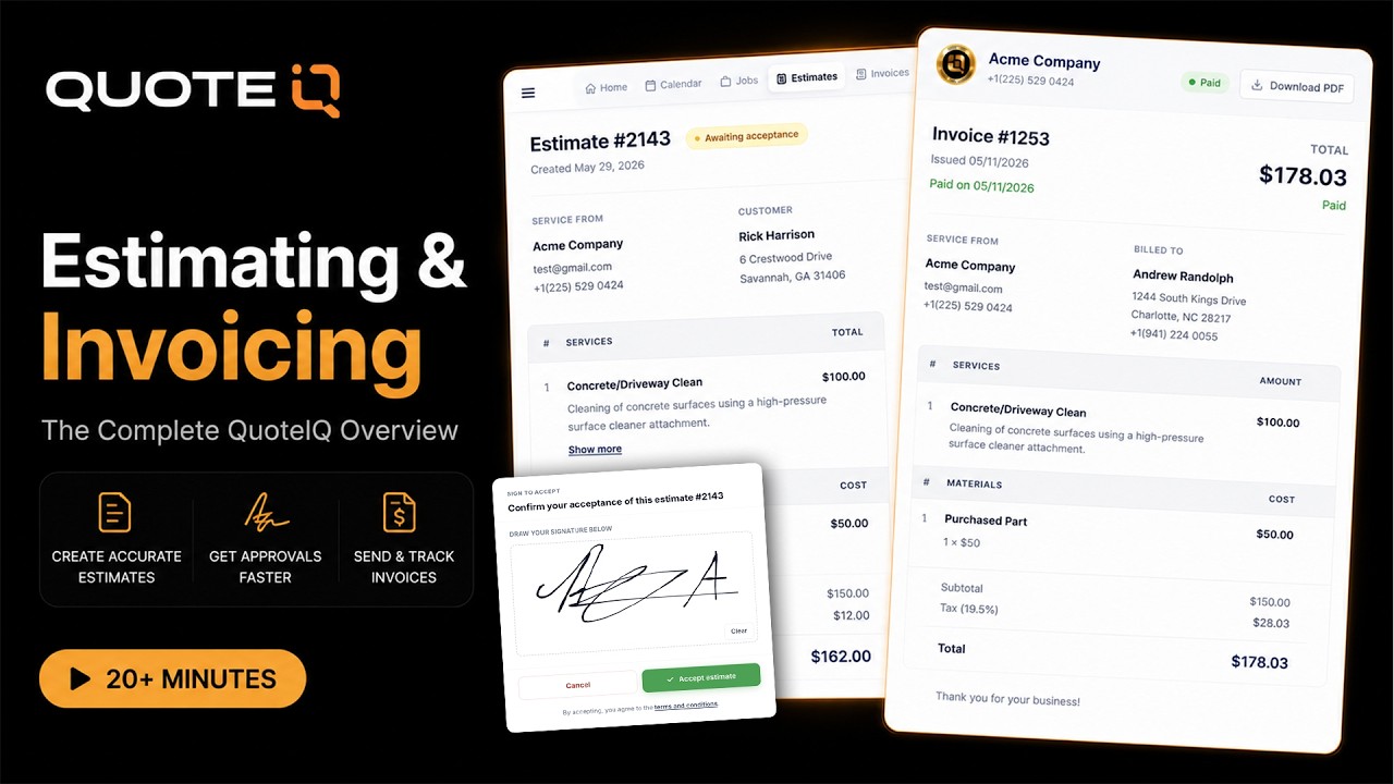QuoteIQ Estimating & Invoicing Walkthrough: Instant Payouts, AI Quotes & Customer Self-Booking