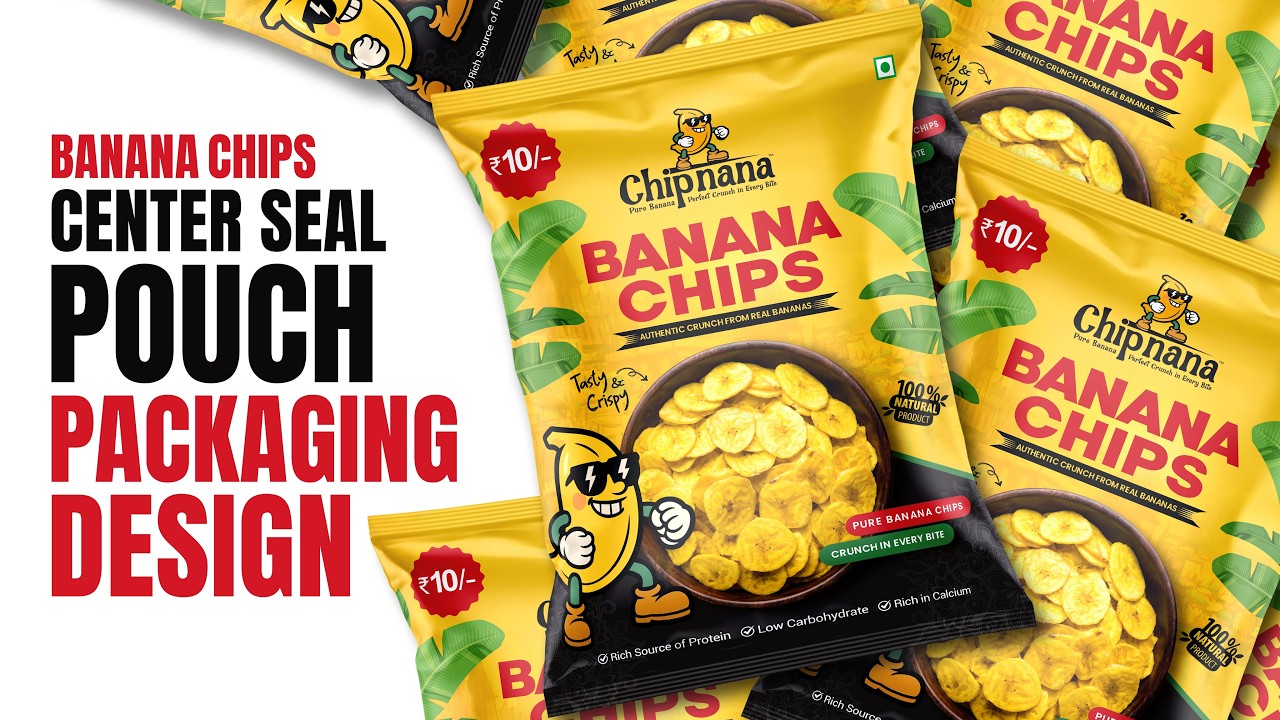 Banana Chips Center Seal Pouch Packaging Design in Adobe Illustrator