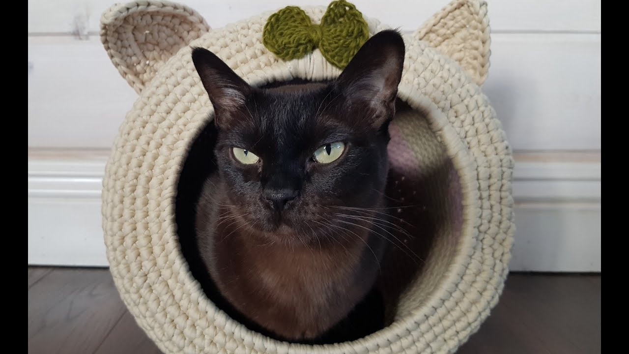 Кошкин дом крючком из трикотажной пряжи