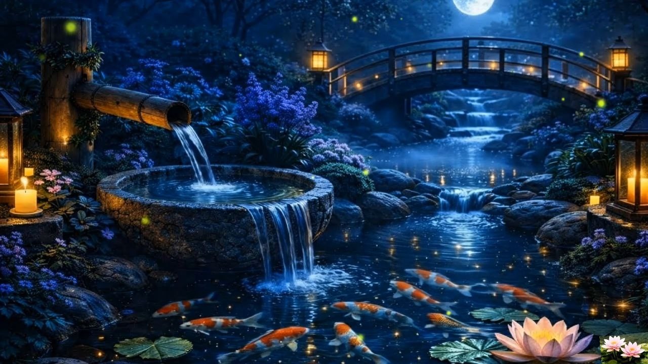 Soothing Moonlit Koi Garden Serenity /Gentle Water Flow & Soft Piano Music for Deep Relaxation