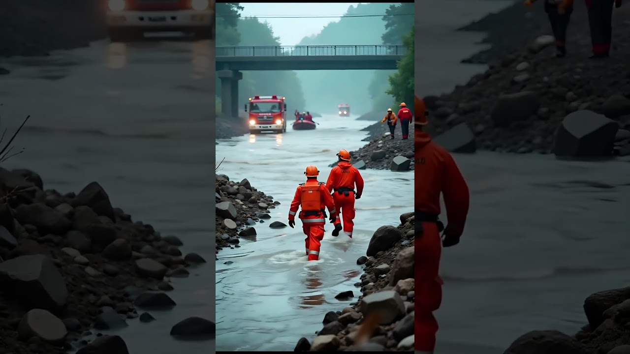 Rescue Teams Enter Flooded River Channel During Emergency Response