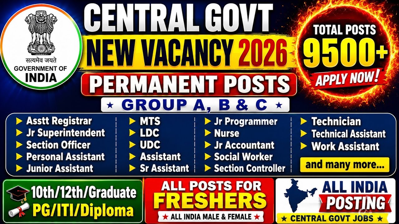 🎯Central Govt New Group A, B & C Vacancy 2026 | 9500+ Permanent Jobs👉10th/12th/Grad/PG/ITI/Diploma