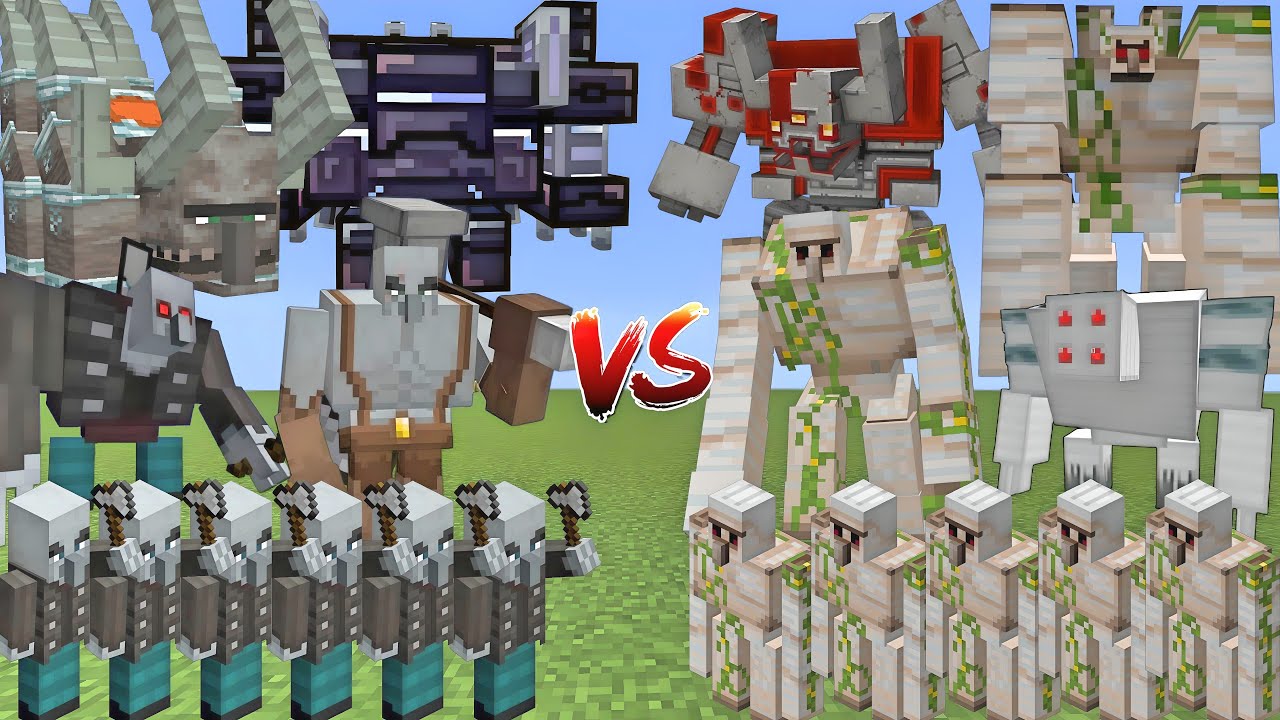 Альянс грабителей против Альянса железных големов: битва мобов в Minecraft.