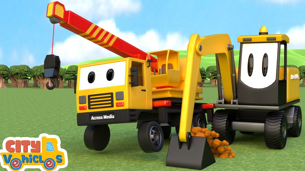 Construction vehicles rescue trapped oil truck- -crane truck, bulldozer and firetruck for kids