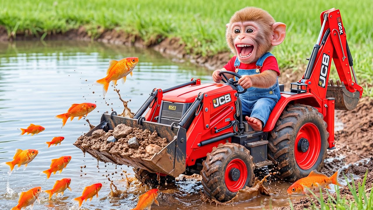 Monkey Nana the Tractor Excavator Rescues a School of Fish Dying from Drought! 🐒🚜🐟💦