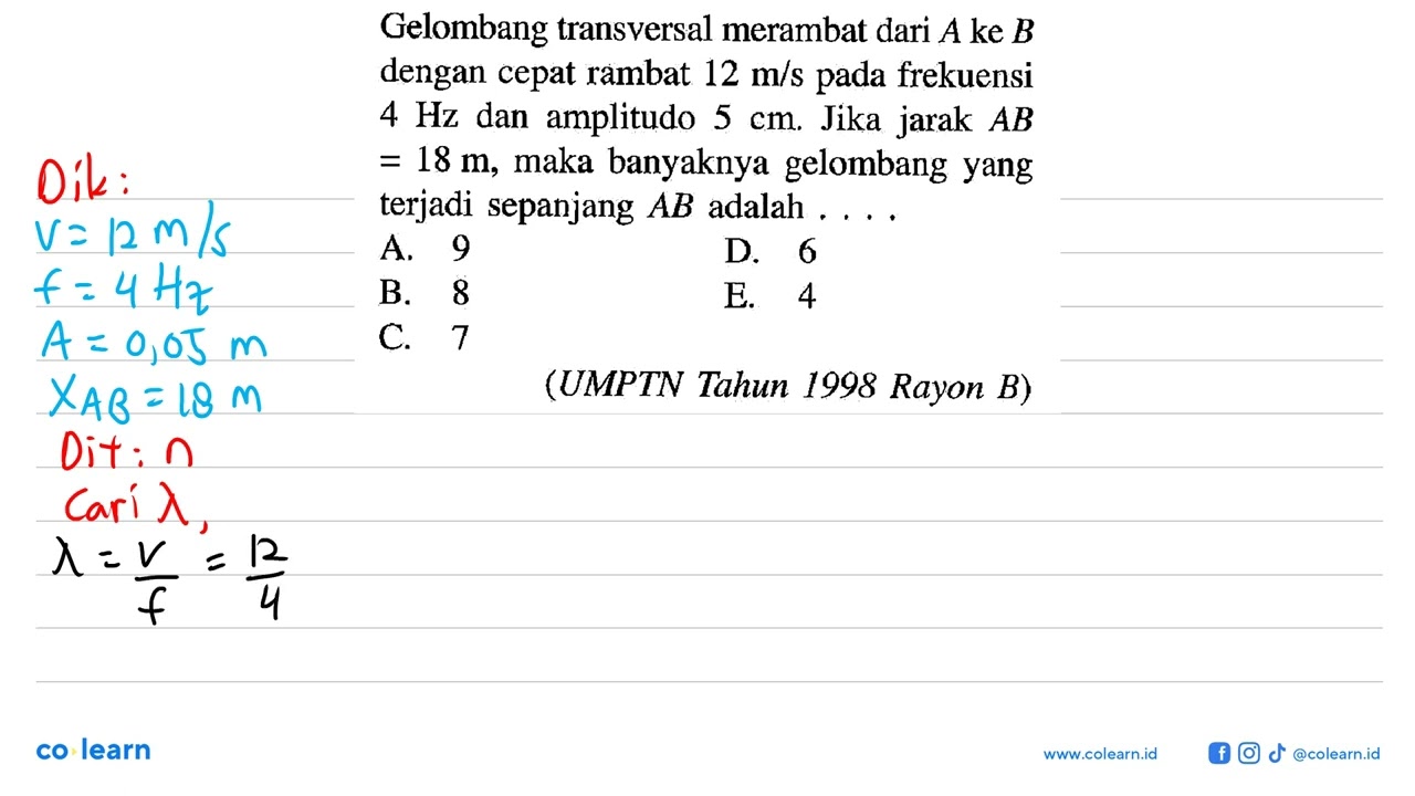 Gelombang transversal merambat dari  A  ke  B  dengan cepat rambat  12 m / s  pada frekuensi  4 H...