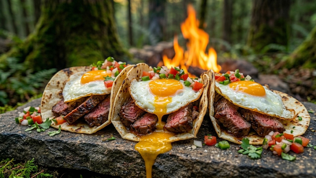 Cooking STEAK & Eggs Tacos with Fresh Pico de Gallo by the Forest Stream