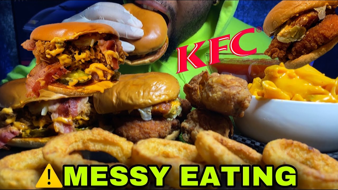 ⚠️MESSY EATING🤤 KFC FRIED CHICKEN BACON CHEESE FAMOUS CHICKEN SANDWICH MAC N CHEESE ONION RINGS