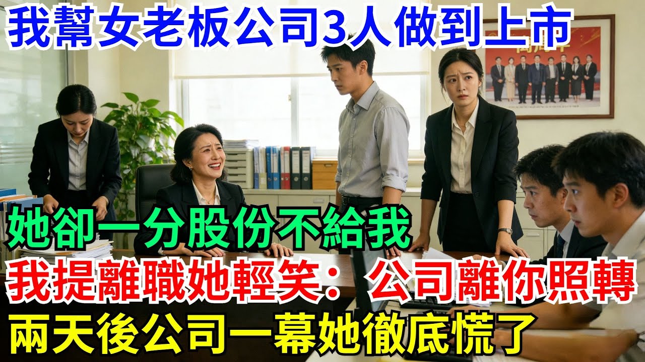 我幫女老板公司3人做到上市，她卻一分股份不給，我離職她：公司離你照樣轉 兩天後公司一幕她慌了#職場 #故事#家庭#退休生活#情感 #爽文#情感故事#小說#逆襲#深夜故事#老人頻道 #完結 #一口氣看完