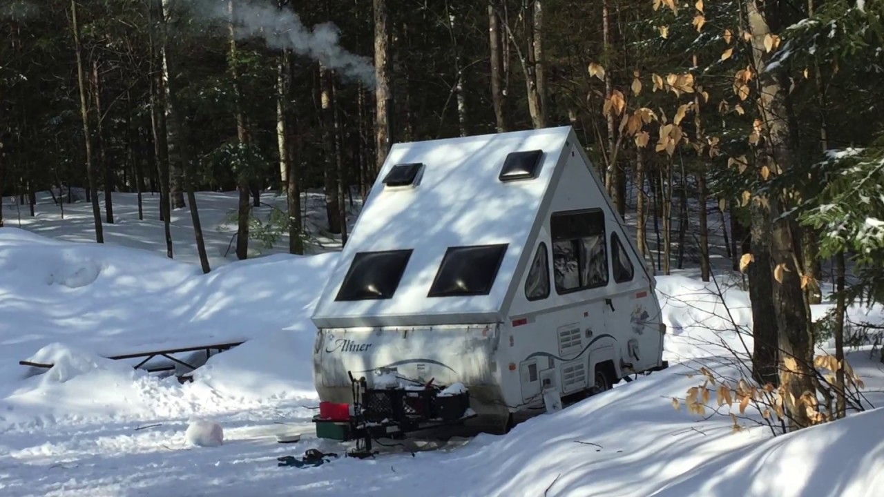 Aliner camper with  our Jeep Wrangler on a Winter Camping Trip to Hancock Campground Lincoln NH