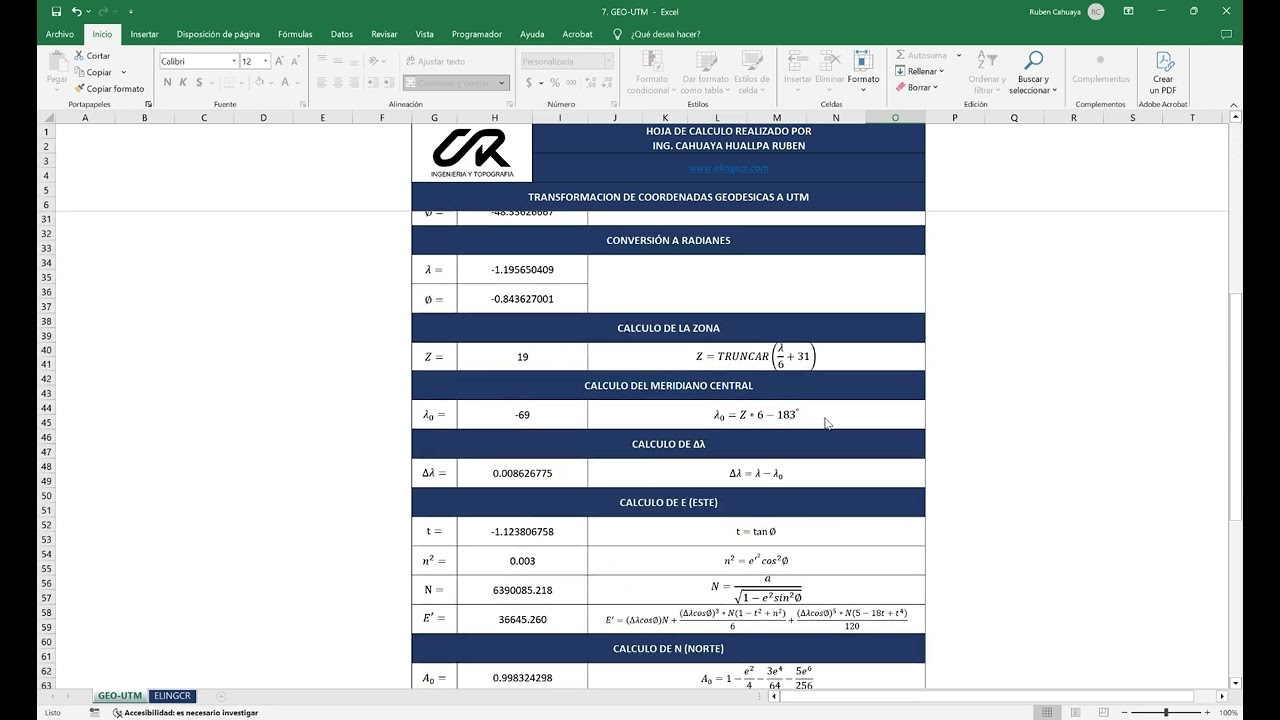 TRANSFORMACION DE COORDENADAS GEODESICAS a UTM (Plantilla + Formulas)