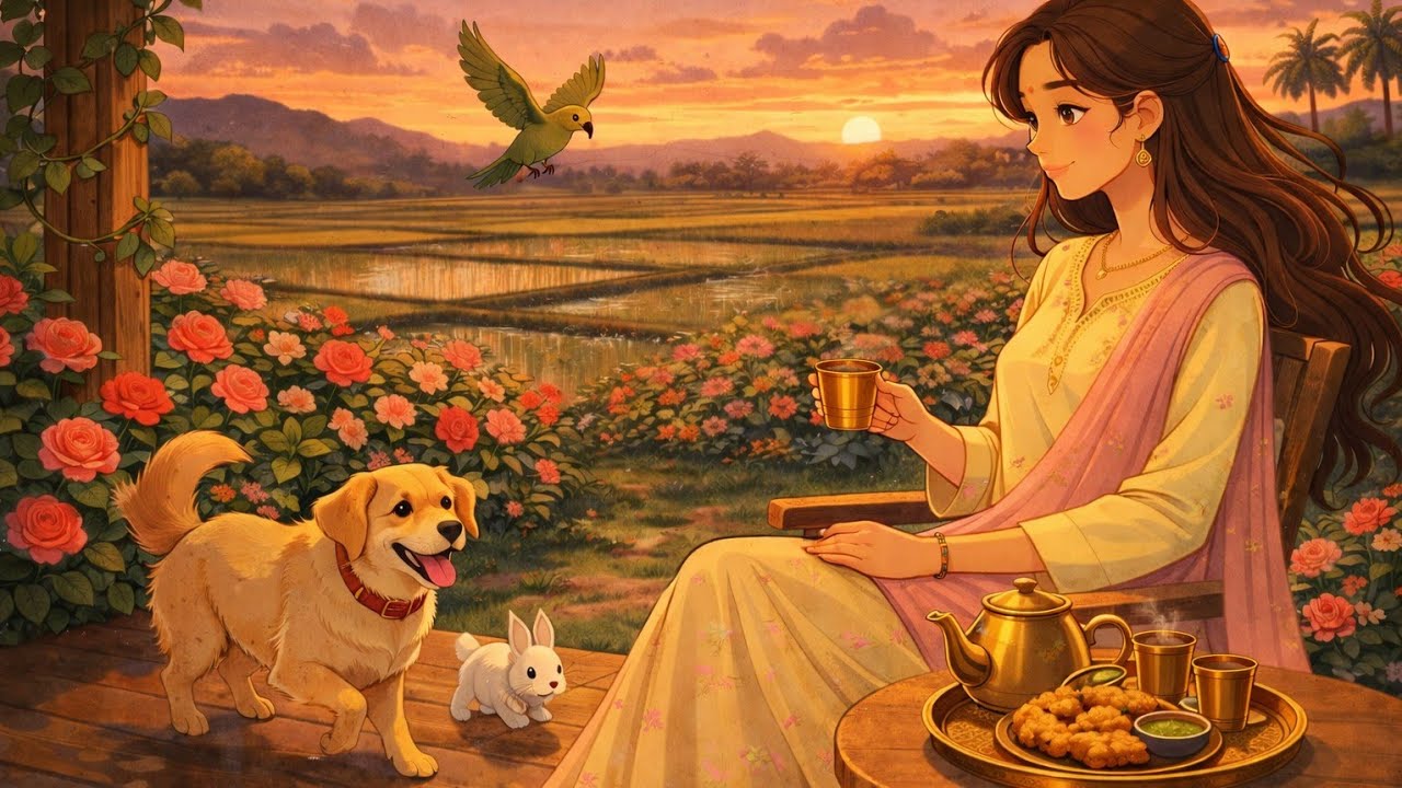 Peaceful Sunset Ambience – Hot Bajji & Chai ☕🌇 | Ghibli style 🌷🍃
