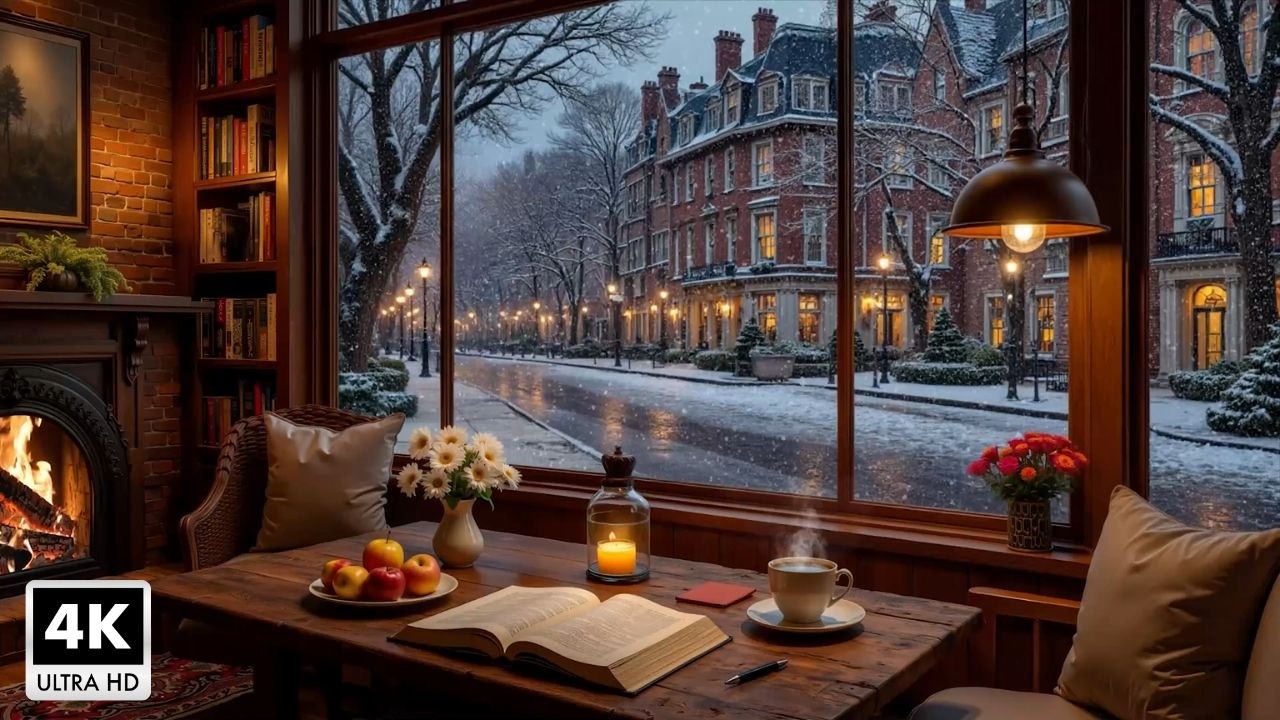 Cozy Winter Night Ambience ~ Relaxing Jazz Music and Warm Fireplace Sounds for Work and Study