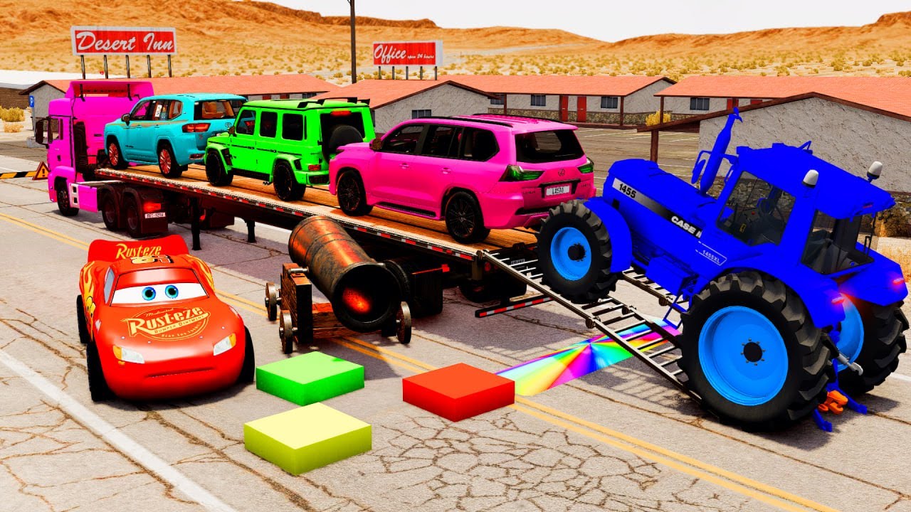 Flatbed Truck McQueen | Transportation with Truck - Pothole vs Car #64 | BeamNG.Drive Gameplay