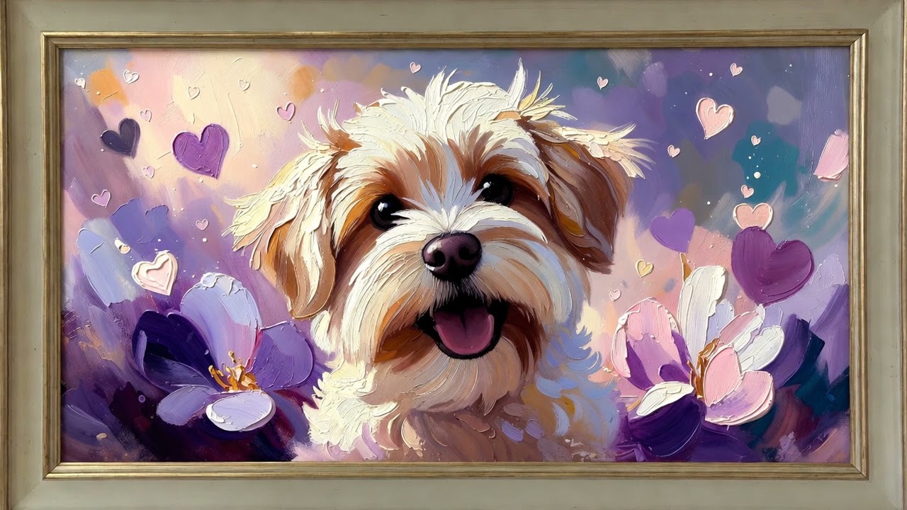 4K TV Art Frame  Textured Dog Painting  Soft Pastel Hearts Aesthetic