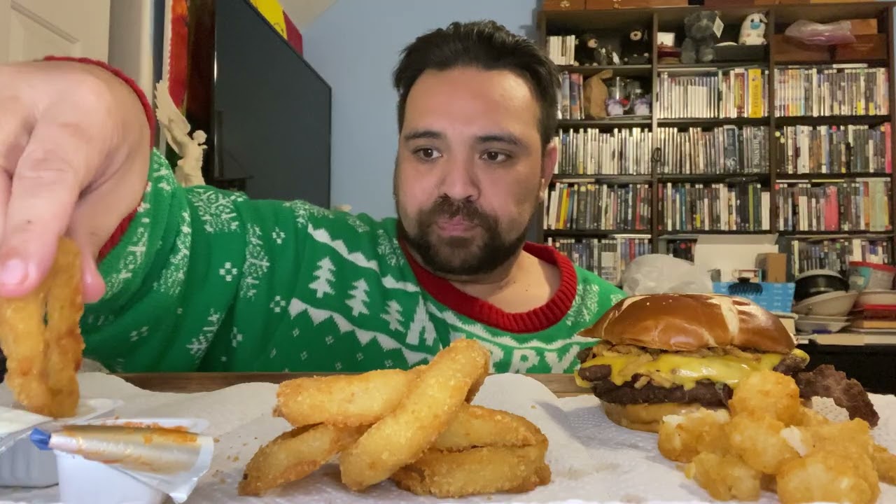 ASMR MUKBANG TATER TOTS & CHEESE STICKS & OINION RINGS & BURGER