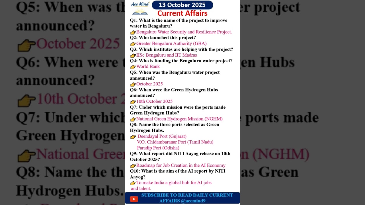 🔥Top 10 Current Affairs–13 October 2025 | AI, Green Ports, Bengaluru Water Project 