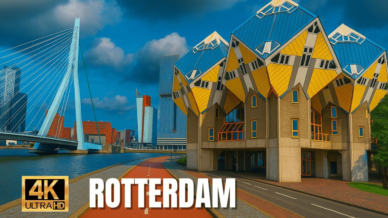 Gloomy Sunday Scenic Bike Ride in Rotterdam - Netherlands-4K | From Erasmusburg to Rotterdam Central