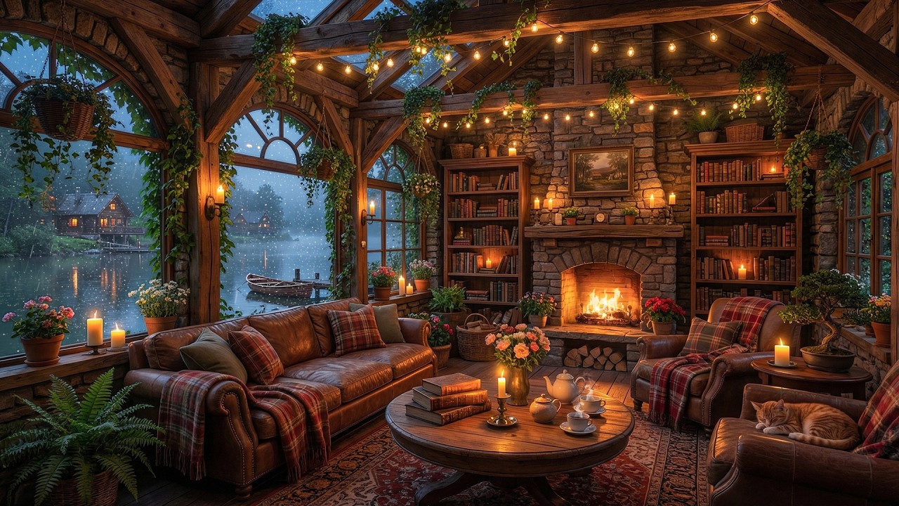 Rainy Mountain Cabin Ambience 🔥 Fireplace Sounds & Relaxing Jazz Piano for Emotional Healing