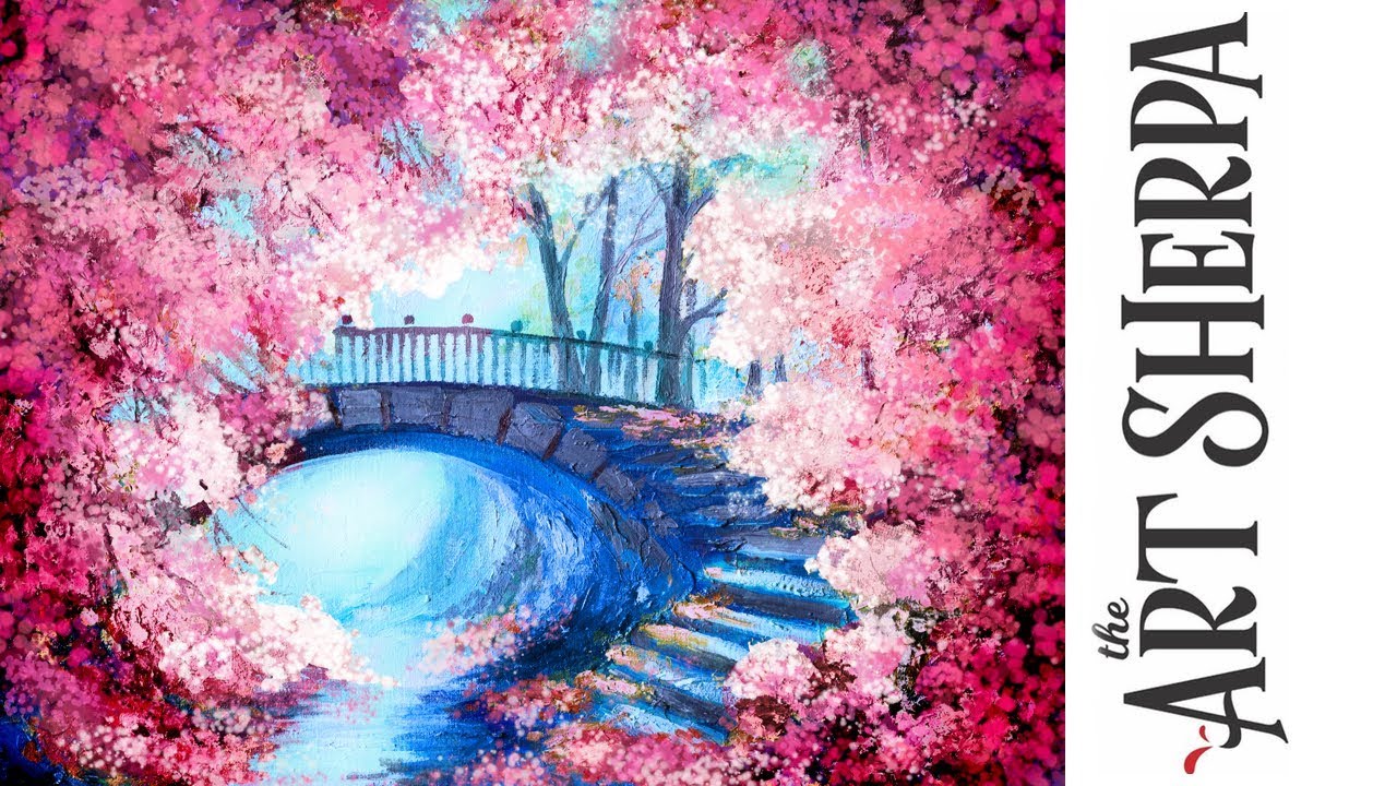 Cherry Tree Bridge How to paint with Acrylic on Canvas Artist knife | TheArtSherpa