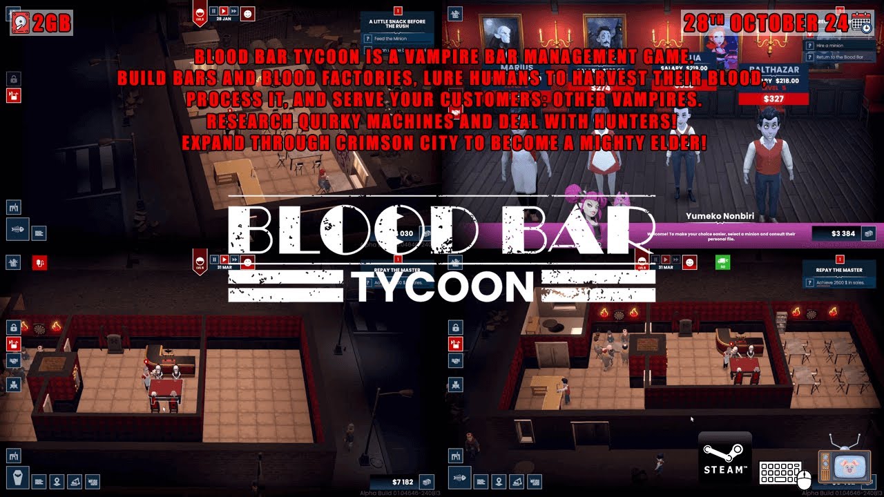 Blood Bar Tycoon: [PC] - is a vampire bar management game. Build bars and blood factories