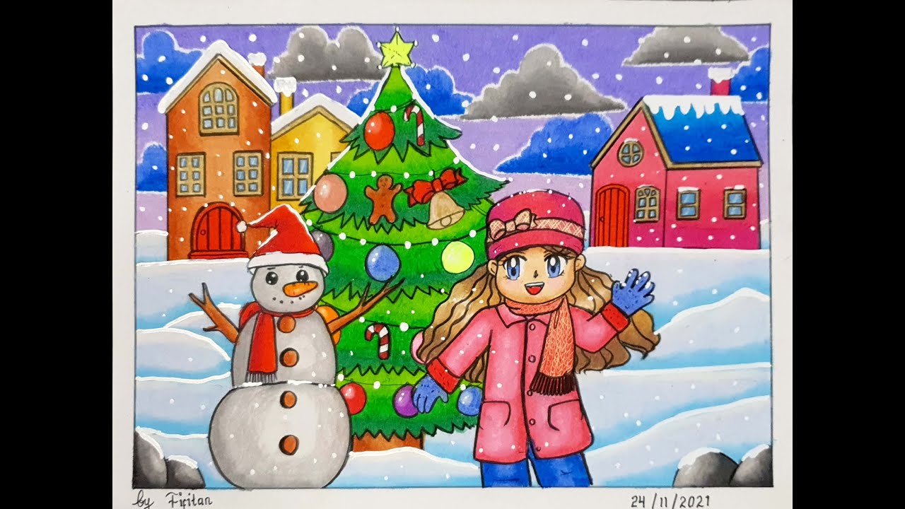 DRAWING CHRISTMAS TREE , SNOMAN - CARA GRADASI WARNA OILPASTEL EP 312