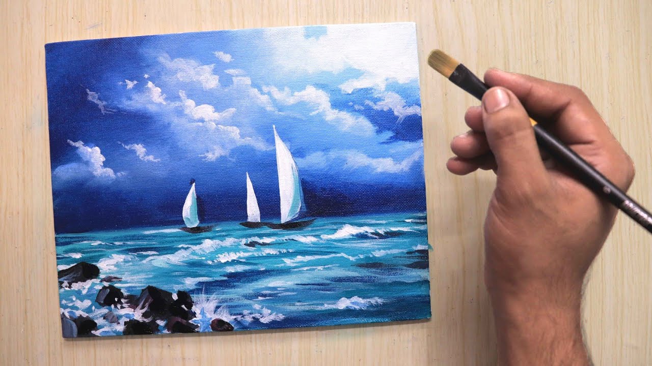 Acrylic painting of beautiful cloudy Seashore landscape with boats