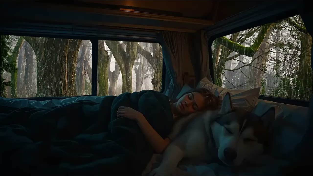 🌧️⚡🌙 asmr rain thunder sleep ambience in a quiet forest campervan