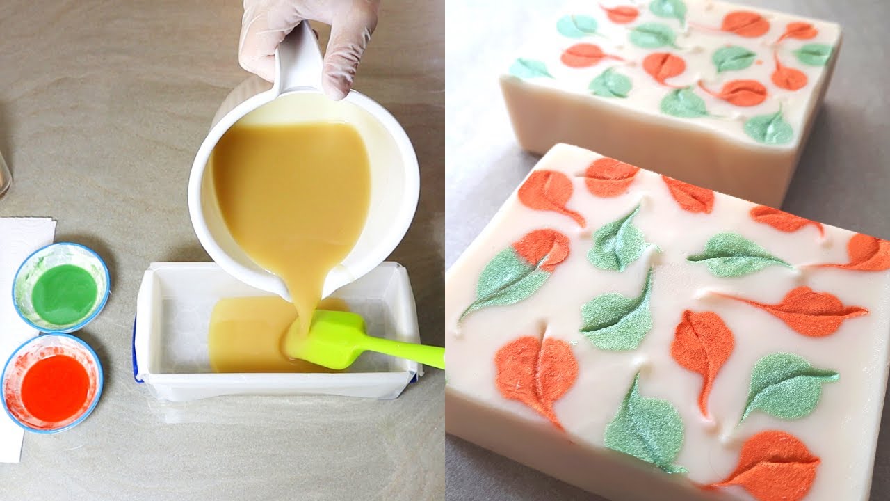 Almond milk soap making with cute mica leaves 🥰