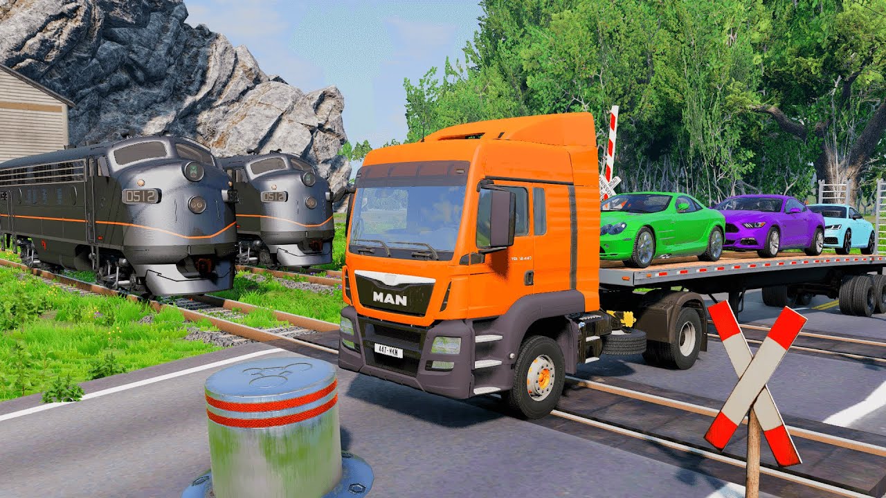 Double Flatbed Truck Sport Cars | Transportation with Truck - Pothole vs Car #18 - BeamNG.drive