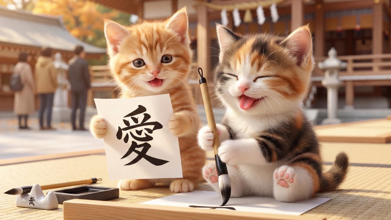 🐾 Ginger and Moo spend their morning practicing Shodo in a quiet room with sunlight. 🌅🖌️