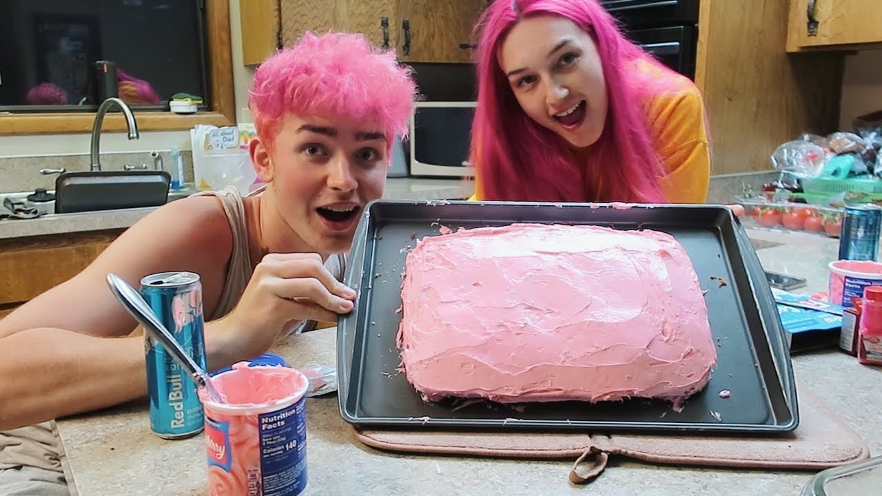 baking a pink cake to match our pink hair (at 1am)