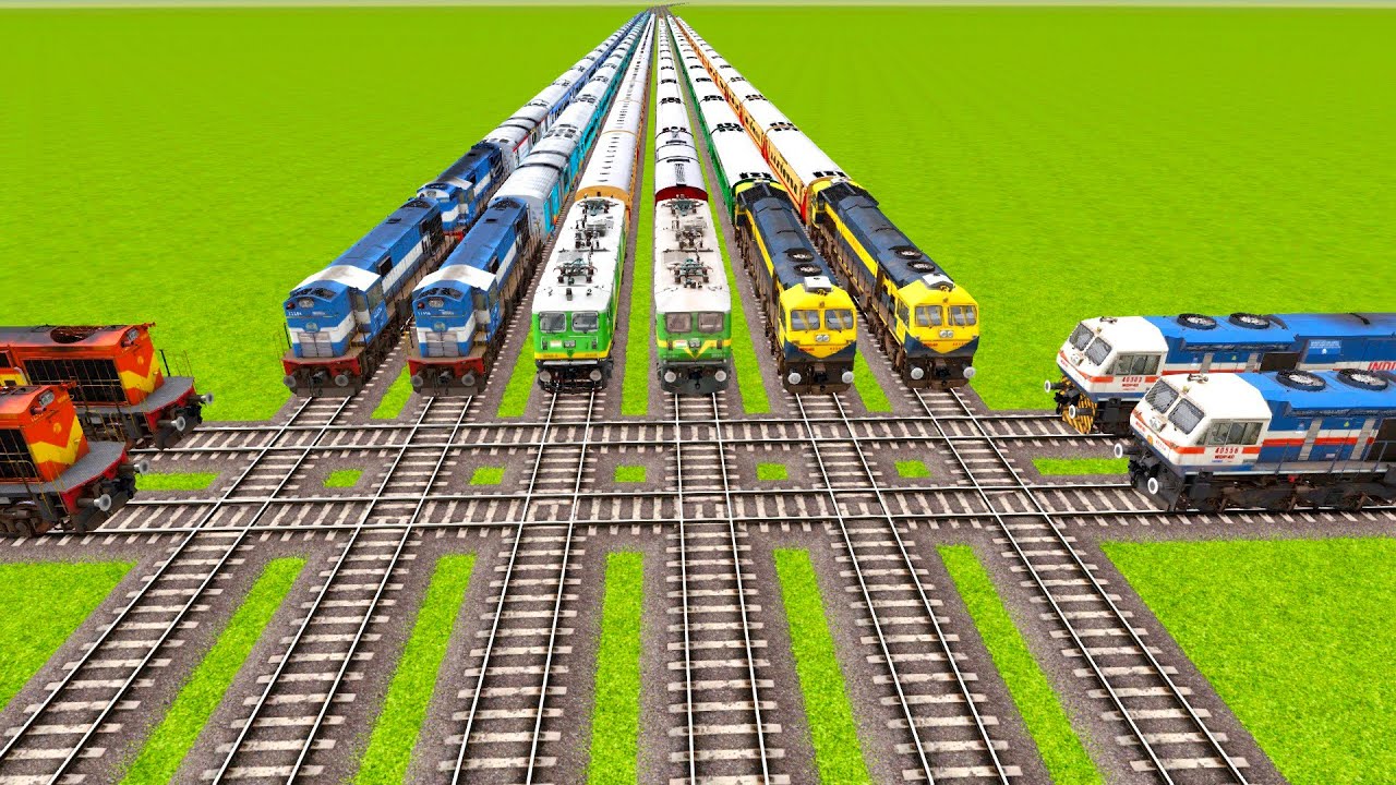 TEN HIGH SPEED TRAINS OLD STYLE BIGGEST RUNNING ON DIAMOND RAILROAD CROSSING|▶️ Train simulator|